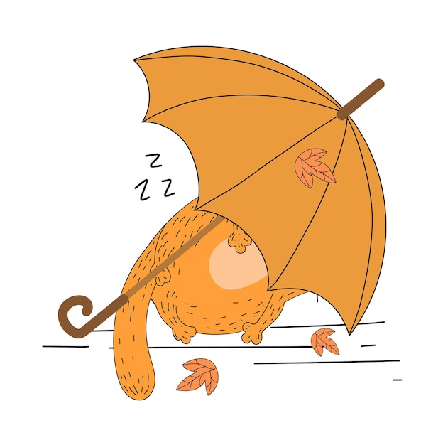 Red cat with an umbrella. Autumn, umbrella. Funny kitten. Cat on a walk. Doodle. Flat illustration.