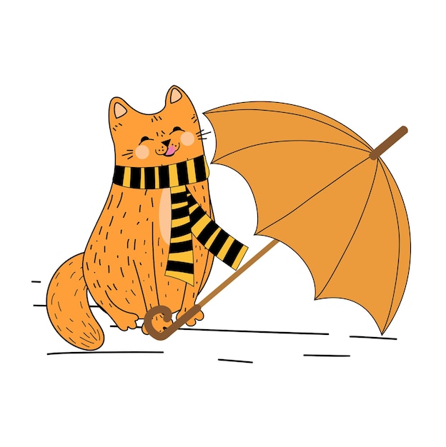 Red cat with an umbrella. Autumn, umbrella. Funny kitten. Cat on a walk. Doodle. Flat illustration.