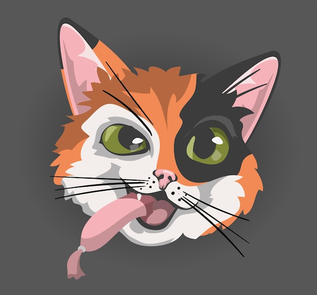 Vector red cats head face emoticon cat eating sausage vector illustration