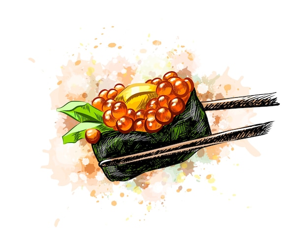 Red caviar gunkan sushi from a splash of watercolor, hand drawn sketch.  illustration of paints