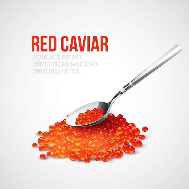 Vector red caviar in a spoon over blue background.  illustration