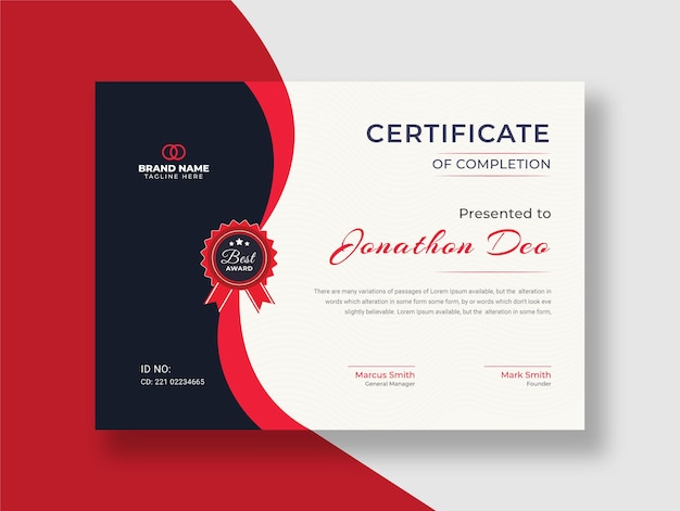 Modello di premio certificato o diploma rosso certificato di apprezzamento