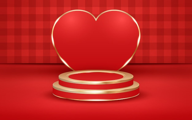 Red checkered valentine's day background with podium and golden light