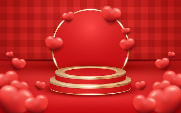 Red checkered valentine's day background with podium and golden light