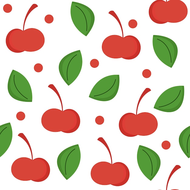 Red cherries seamless pattern in cartoon style with green leaves Perfect for textile and typography