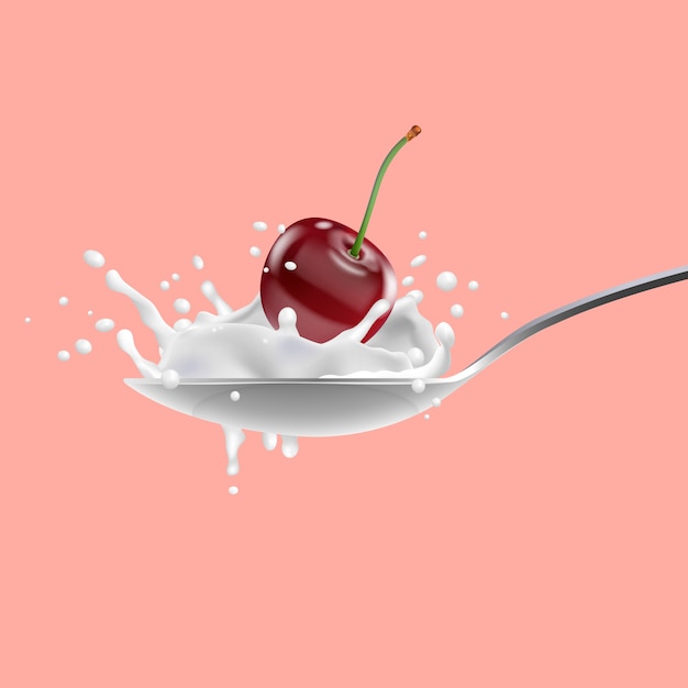 Красная вишня и с молоком брызги на ложку, йогурт