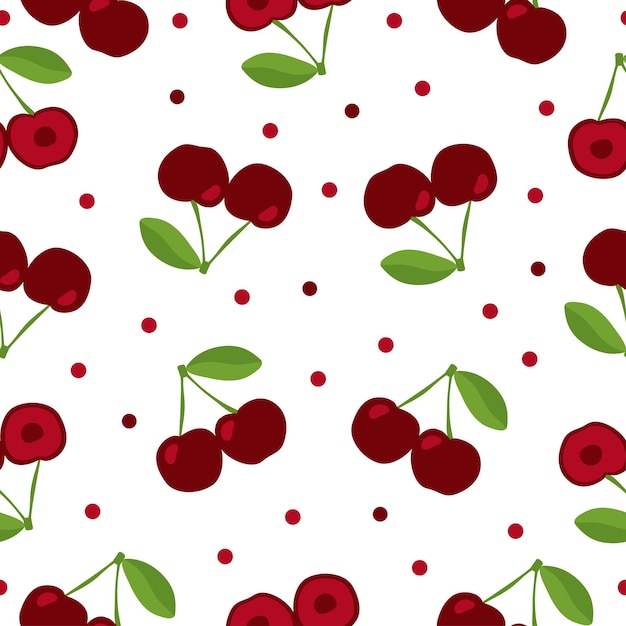 Red cherry and fruit halves with leaves seamless pattern on white background