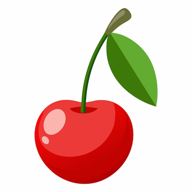 a red cherry with a green stem and a green leaf