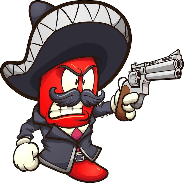 Vector red chili pepper with a mariachi outfit and a revolver gun