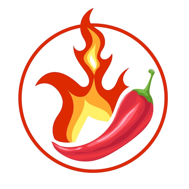 Vector red chilli pepeer and fire flamed hot spiced pepper pod red burning pepper icon in cartoon style vector illustration