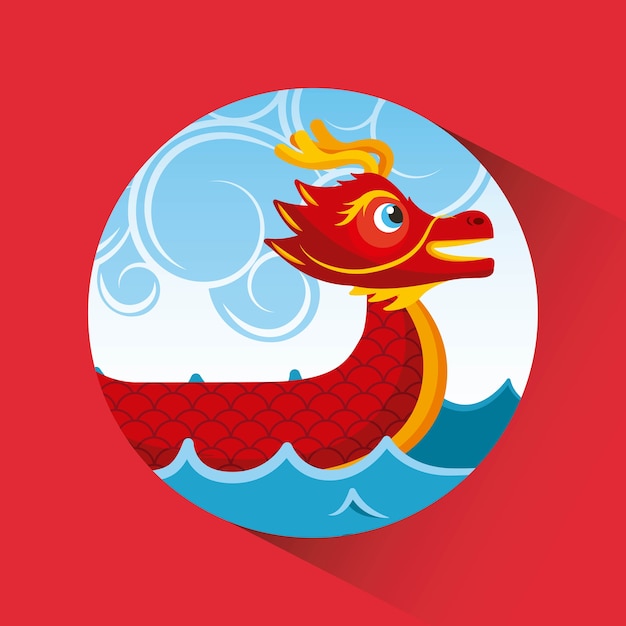 Red chineese dragon boat sea and clouds button shadow