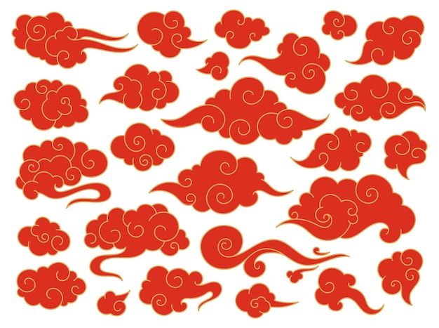 Red chinese clouds, japanese oriental style cloud doodles. Asian traditional festive ornaments, japan decorative sky elements vector set