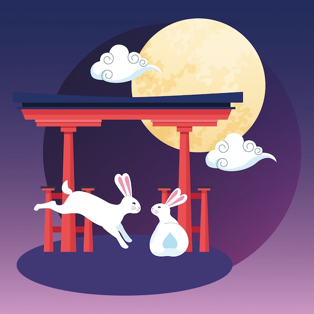 Red chinese gate and rabbits, Happy mid autumn festival