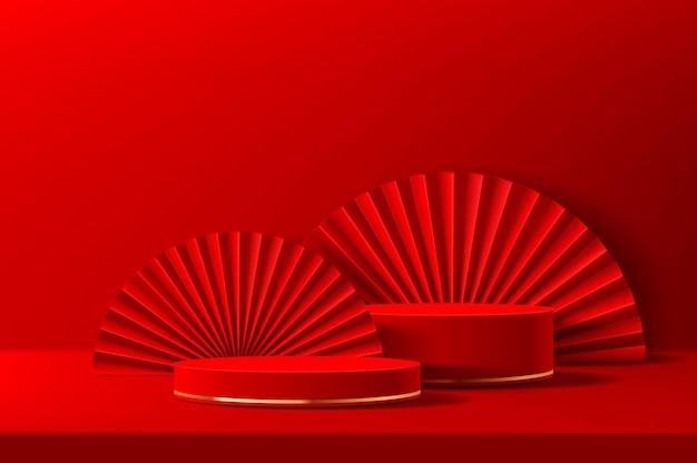 Red chinese podium stage with golden rings and fan