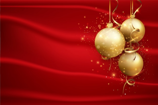 Red Christmas Background with gold balls. Holiday background.