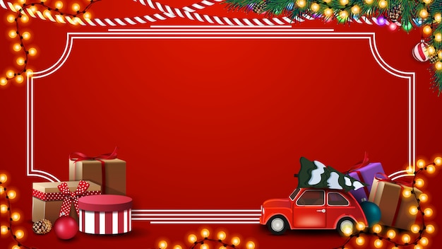 Red Christmas background with presents, vintage frame, garland, branches and red vintage car carrying Christmas tree