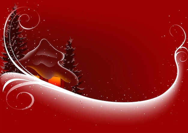 Red christmas background with snowy cottage and decorative white floral