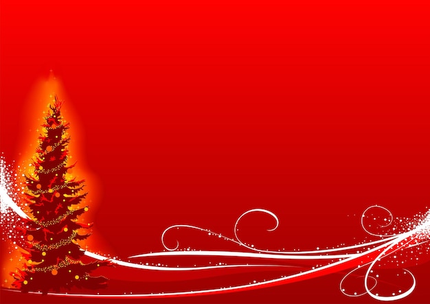 Vector red christmas background with white floral and christmas tree