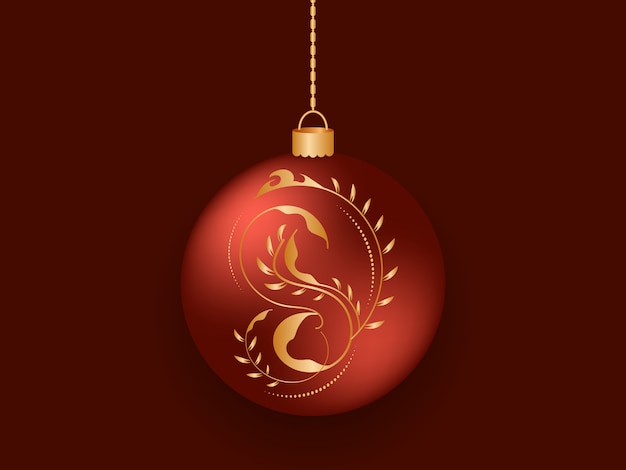 Red Christmas ball with a gold color, highlights and a gold chain