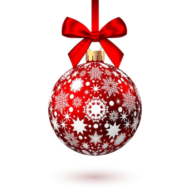 Red   Christmas  ball  with pattern and bow isolated on white background. Xmas  tree decoration. Vector bauble.