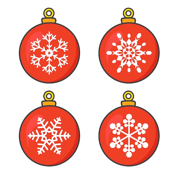 Red Christmas balls collection with snowflakes