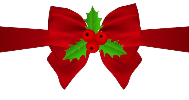 Red Christmas bow with holly on white background on ribbon