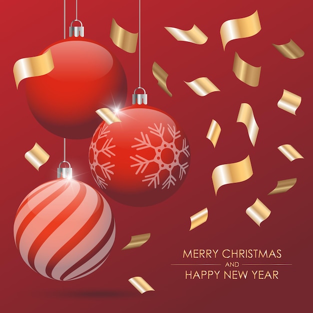 크리스마스 볼 레드 크리스마스 카드입니다. 배너 디자인입니다. 크리스마스 디자인을 위한 금색 색종이 조각으로 즐거운 성탄절과 새해 복 많이 받으세요.