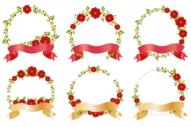 Red christmas flower and ribbon wreath banner collection