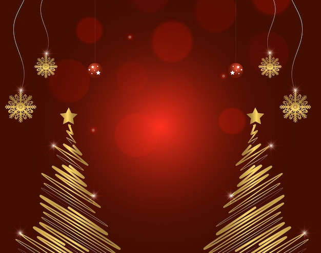 Red Christmas illustration with decorative elements balls tress stars banner background