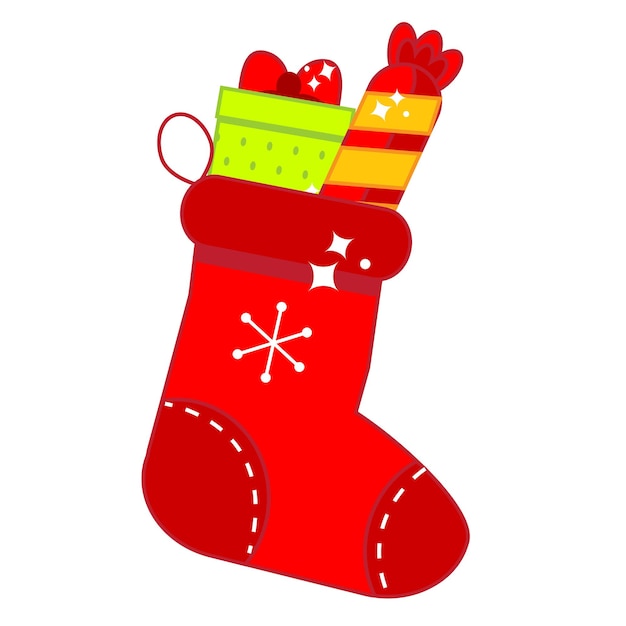 Вектор Красный рождественский носок с подарками, новогодние чулки, полные сладостей