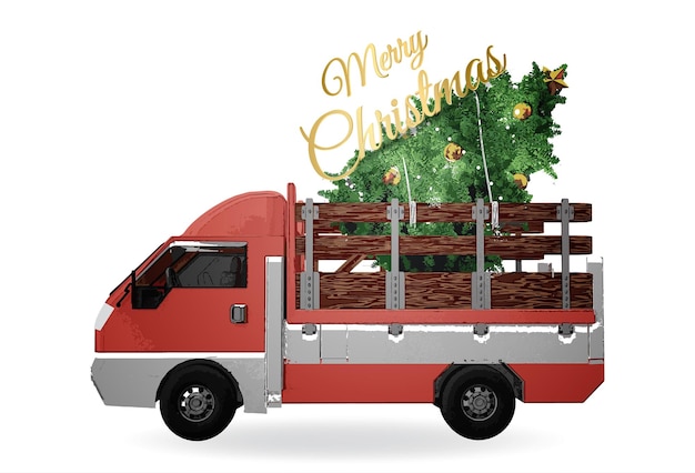 Vector red christmas truck carrying a christmas tree with merry christmas fontvector cartoon illustration