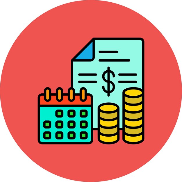 a red circle with a stack of coins and a cash box with a dollar bill in the middle