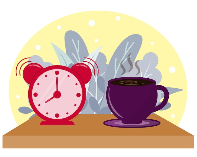 Orologio rosso e tazza di caffè sul tavolo