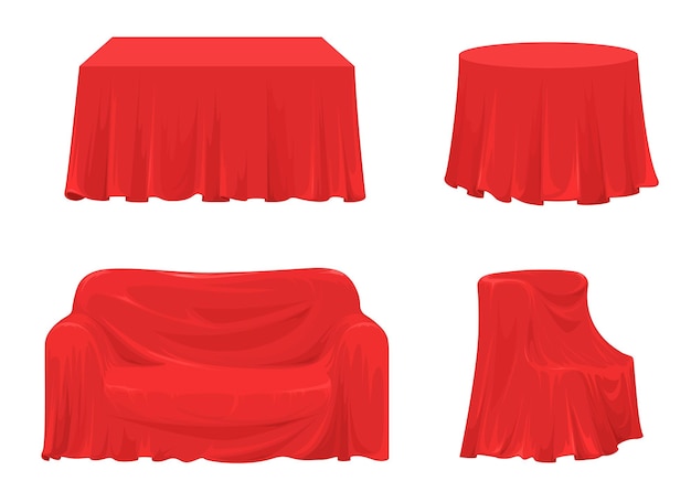 Vector red cloth drapery covering different kind of furniture