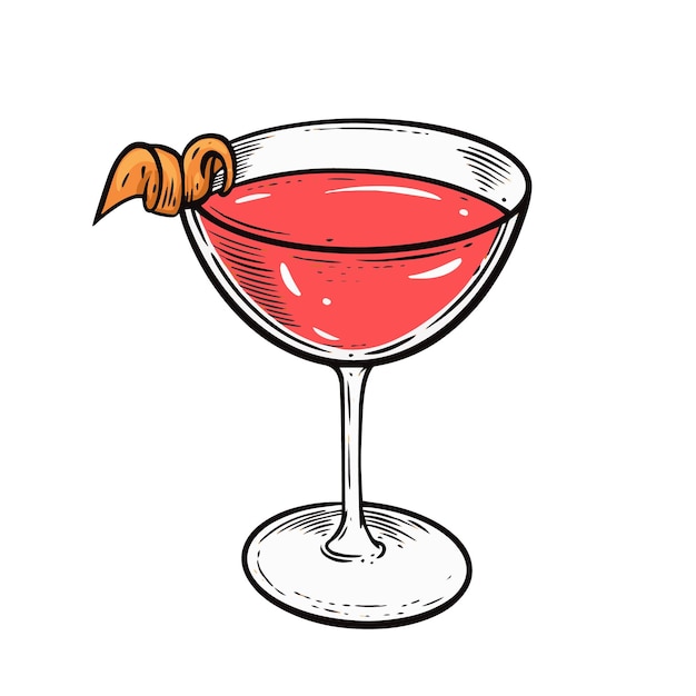 Red color cocktail in glass hand drawn colorful cartoon sketch style.