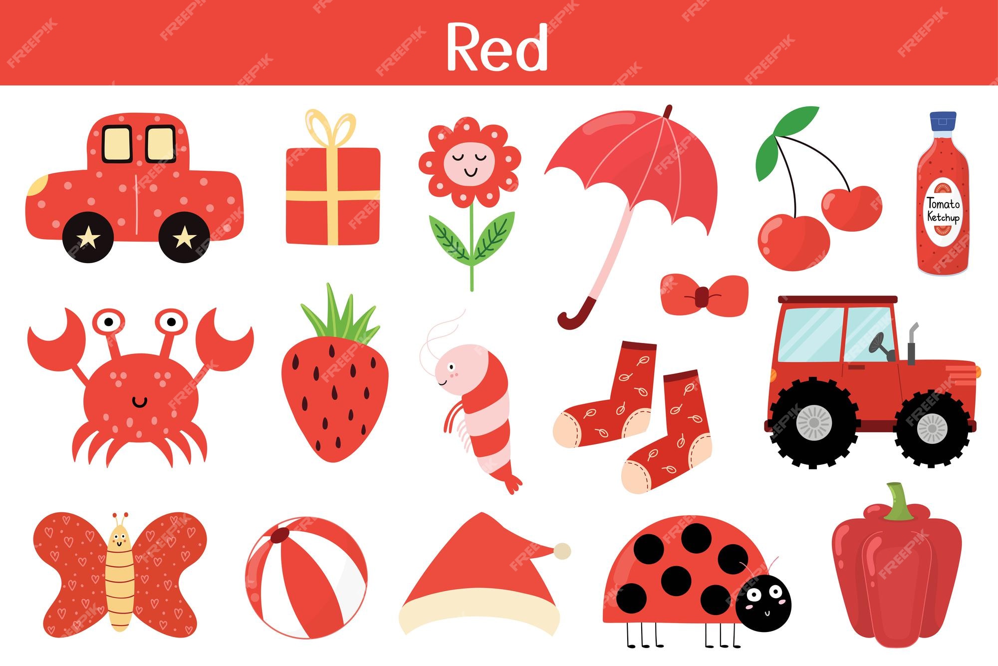 Premium Vector | Red color objects set learning colors for kids cute  elements collection educational background