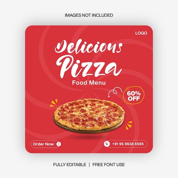 벡터 붉은 색 피자 음식 소셜 미디어 배너 게시물 템플릿 디자인