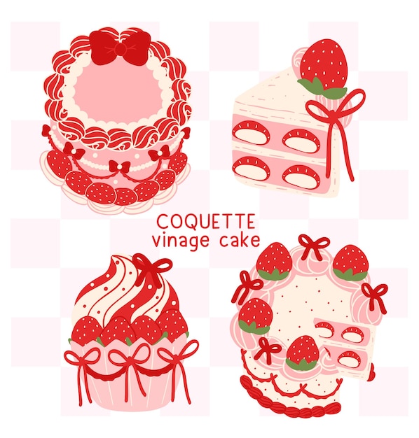red coquette vintage cake strawberries with ribbon bow collection illustration groovy retro design