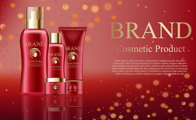 赤い化粧品ベクトル化粧品スキンケアクリーム香水と赤いキラキラ背景ベクトル