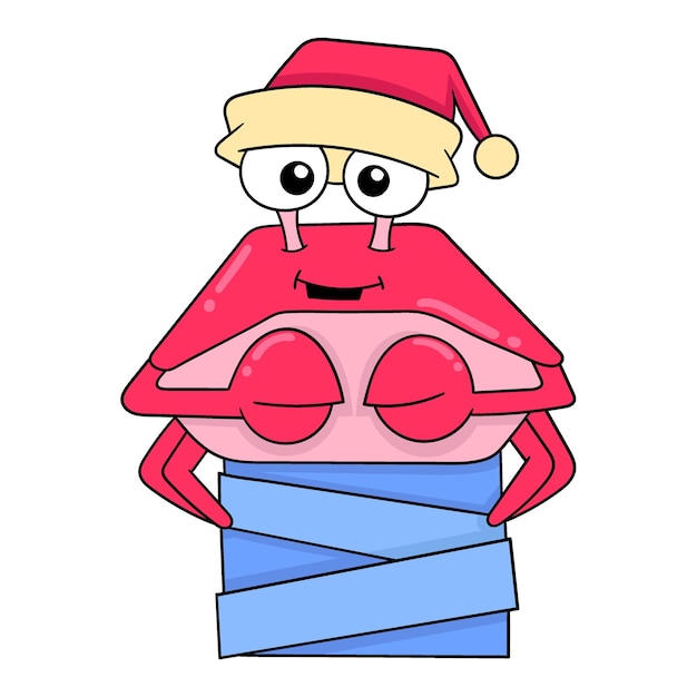 Red crab wearing a christmas hat doodle icon image kawaii