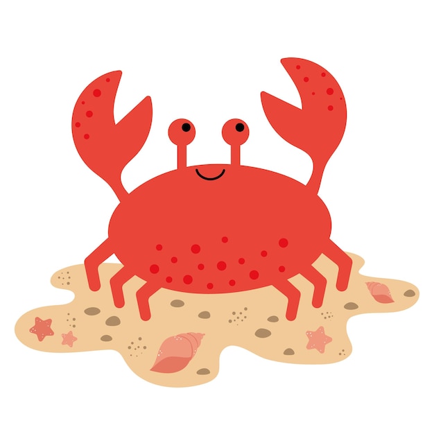 A red crab with a big red face sits on a sandy beach.