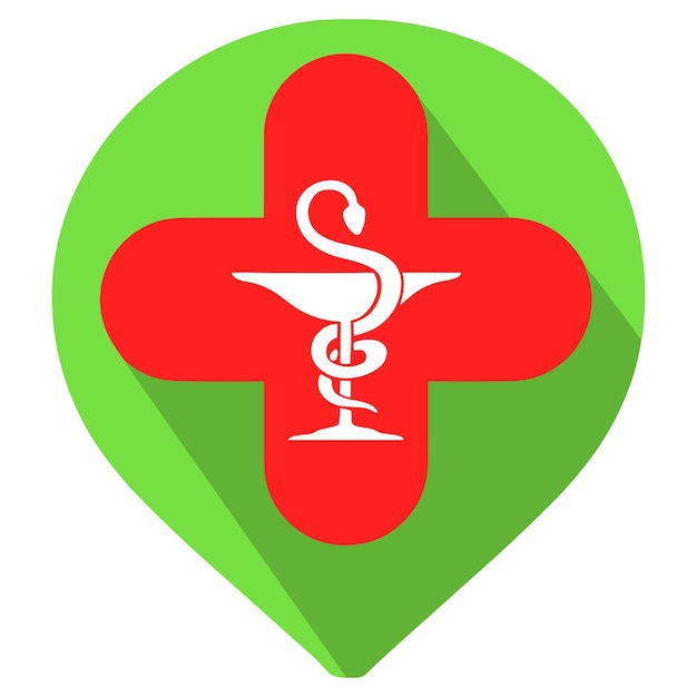 Vector red cross map icon with a bowl of hygieia and a medical symbol