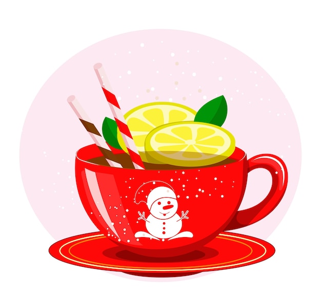 Red cup Christmas tea with lemon, orange and candy.