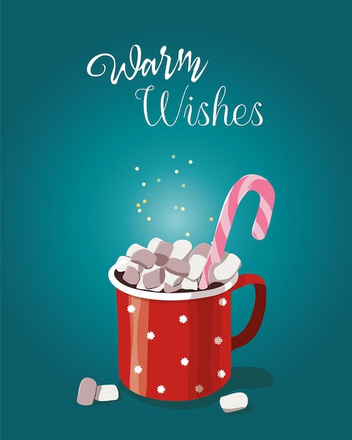 Red cup of cocoa with marshmallows. Christmas Warming beverage quote. Vector illustration for cards,