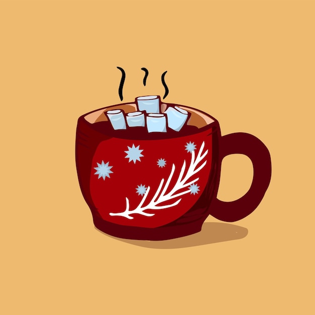 Tazza rossa con cacao e marshmallow la tazza invernale è ramoscelli e fiocchi di neve illustrazione vettoriale