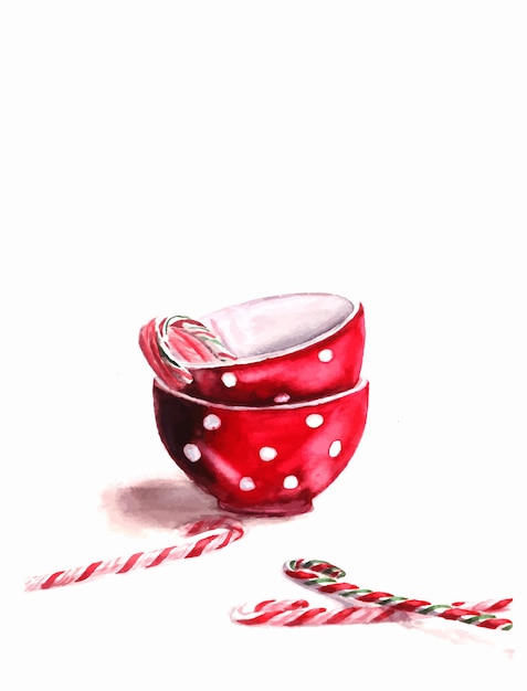 Vector red cup watercolor illustration candies winter christmas card