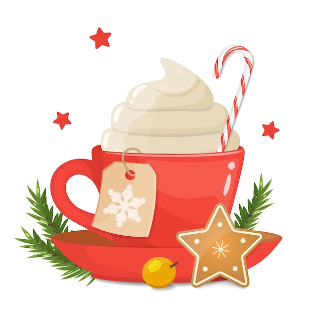Красная чашка с пенящимся кофе, капучино. Рождественское печенье, леденец в полоску.