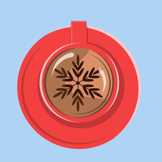 Tazza rossa con caffè caldo e con un motivo di cioccolato, fiocco di neve sul caffè