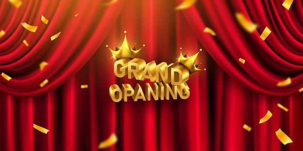 Red curtain banner. grand opening event design. confetti gold ribbons.
