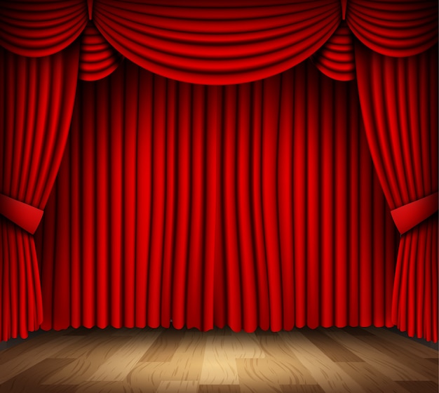 Red curtain of classical theater with wood floor